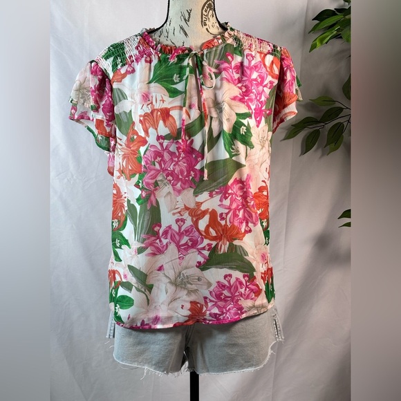 CeCe Pink and Orange Puff Sleeve Blouse with Tie Front 🌷 - Picture 3 of 10